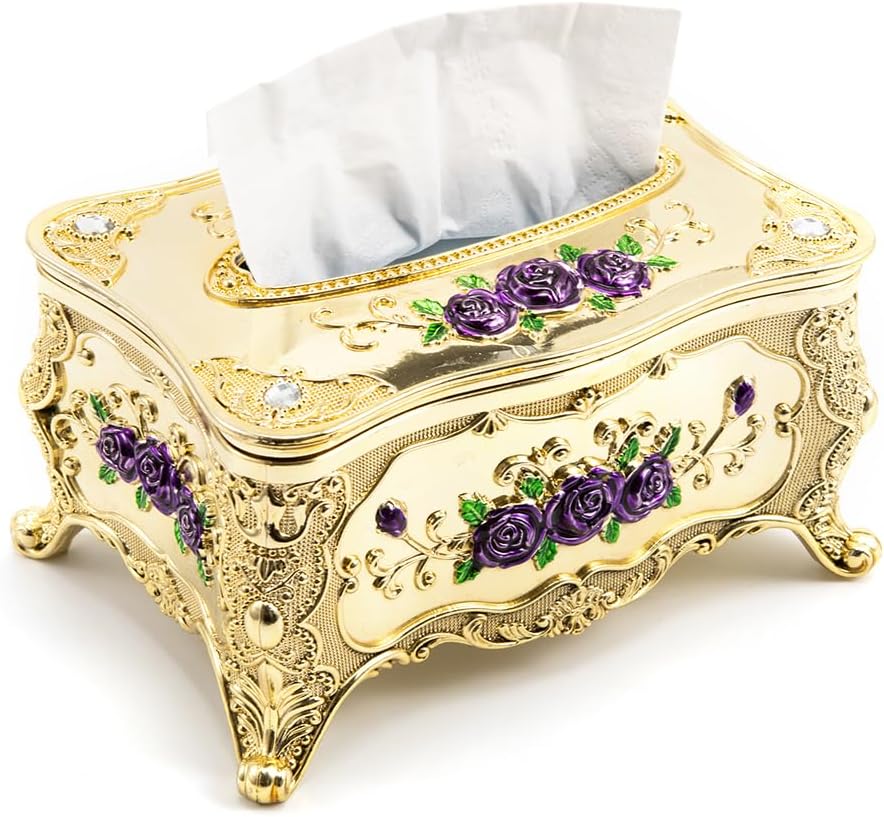 Tissue Box Holder, Retro Tissue Box Cover Rectangle for Car, Office, and Home, Dryer Sheet Holder for Bathroom, Easy Refill Holds Standard Sheets (Gold Black)