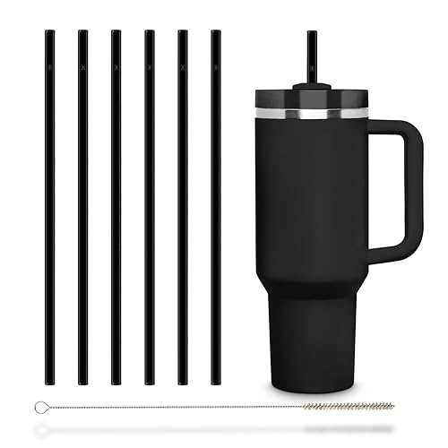 HALM 6x Stanley Quencher Tumbler Glass Straws Black Reusable Replacement Straws for Tumbler with Handle Stainless Steel Drinking Cup Accessory BPA-Free & Dishwasher Safe