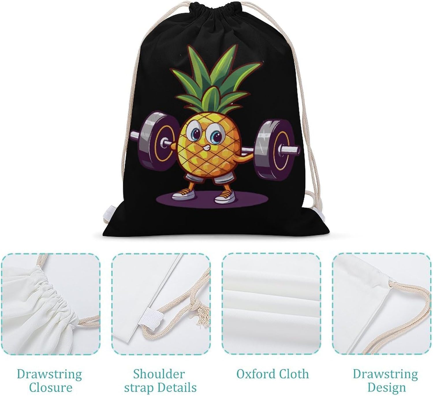 Funny Pineapple Powerlifting Drawstring Backpack Gym Bag Pull String Sport Bag for Women And Men 35x50cm