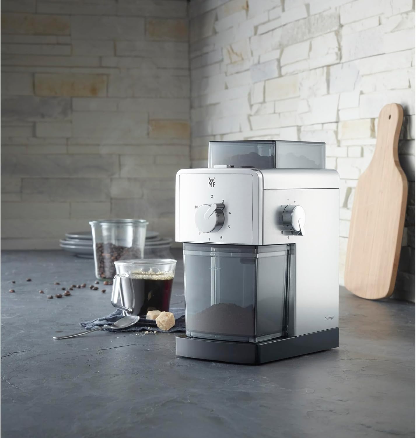 WMF CE Coffee Grinder in a kitchen setting with coffee