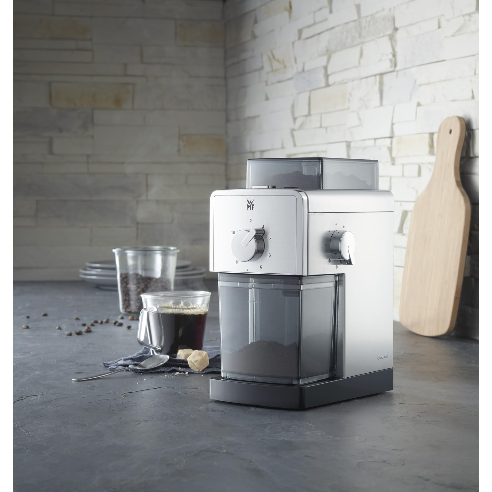 WMF Stelio - Molinillo Eléctrico de Café, Capacidad 180 gramos, Acero Inoxidable Cromargan, 17 ajustes, 110 W [Clase de eficiencia energética A+]