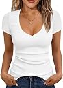 Albe Rita Women Short Sleeve T-Shirt Cap V Neck Shirts for Women Ribbed Casual Top Knit Slim Fit for Summer