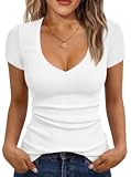 Women Short Sleeve T-Shirt Cap V Neck Shirts for Women Ribbed Casual Top Knit Slim Fit for Summer