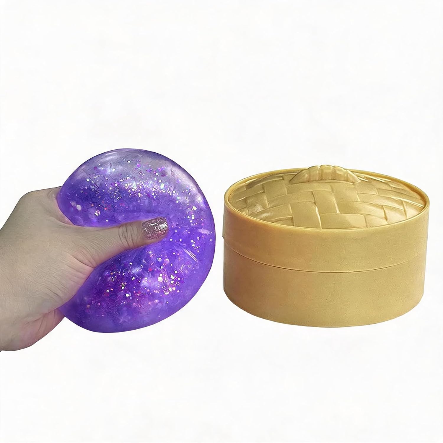 Glitter Bao Bun Stress Relief Squishy with Steamer Box Sensory Fidget Toy | Purple, Soft TPR, 3.9", silent squeeze toy, party favor, anxiety relief, easy clean, gift for adults, stress ball