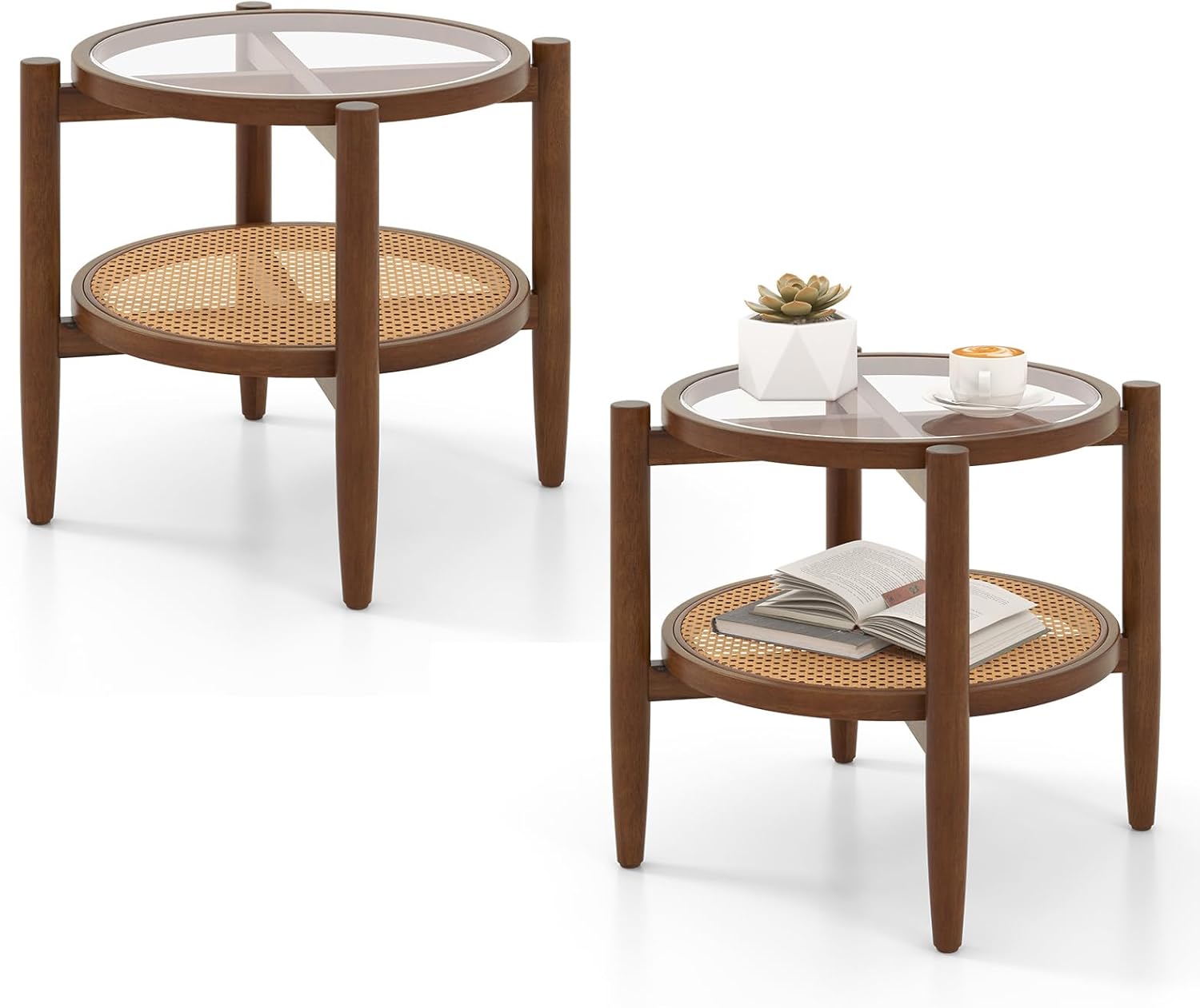Giantex Rattan Round End Table Set of 2, Walnut Boho