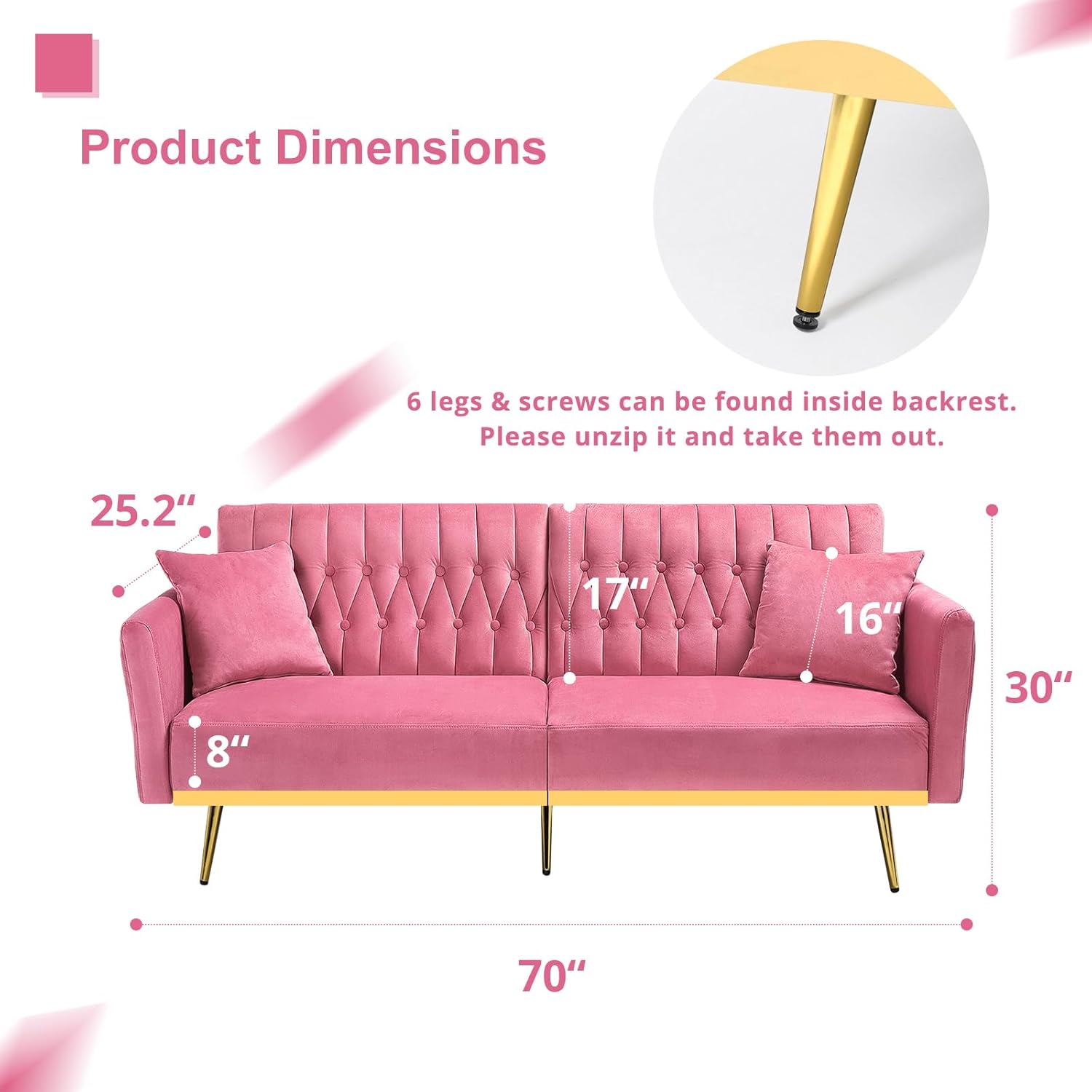 70” Velvet Futon Sofa Bed with 2 Pillows and Adjustable Armrests, Convertible Sleeper Bed, Modern Loveseat for Living Room, Bedroom, Pink