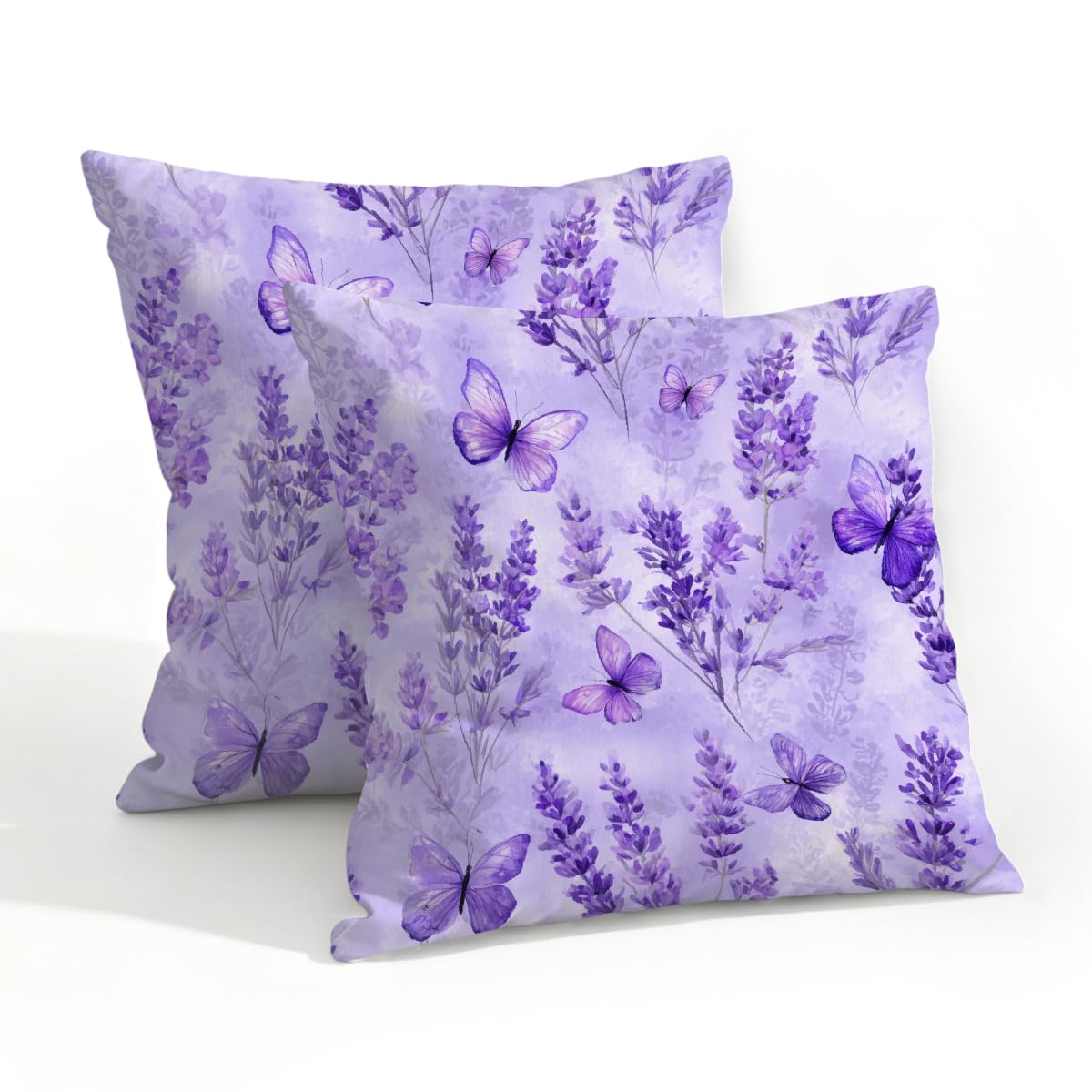 Outdoor Pillow Covers Waterproof Pillowcases 20x20in Set of 2 Romantic Lavender Flower Butterfly Decorative Throw Cushion Case for Couch Sofa Garden Patio Furniture