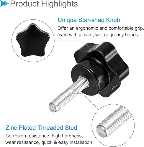 Miniatura 32 de Perillas de sujeción de estrella, rosca macho M6 x 1.969 in, cabeza de 1.220 in, mango de tornillo de pulgar de plástico, perno roscado negro