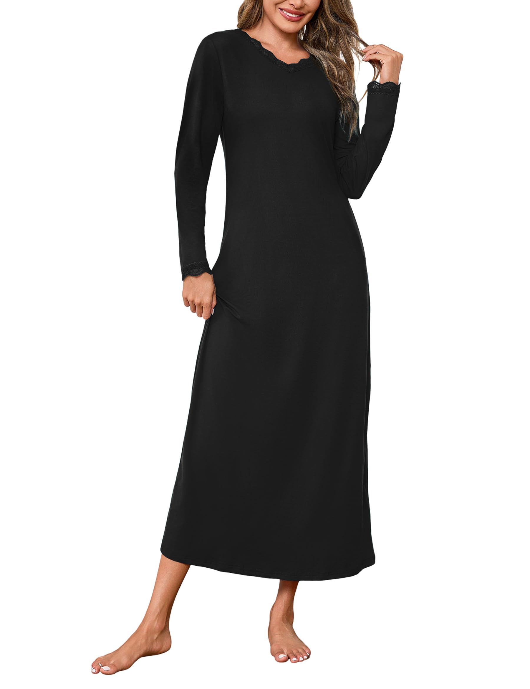 Demegimi Nachthemd Damen Langarm Schlafshirt Baumwolle Lang Spitze Nachtkleid Winter Nachtwäsche S-3XL