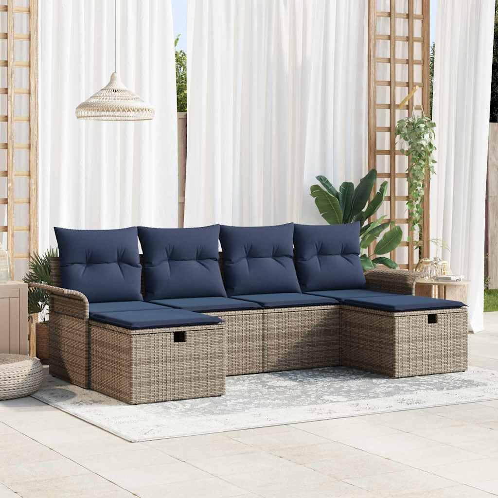 Set Divani da Giardino Modulare 6 Pezzi in Poly Rattan con Cuscini | Arredo modulare da esterno per terrazzo e patio, resistente ai raggi UV con borse integrate per riporre oggetti con cura.