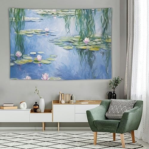 Miniatura 1 de DPOTLI Monet - Tapiz floral estético para dormitorio, diseño de lirios de agua azules, póster abstracto de flores naturales para colgar en la pared