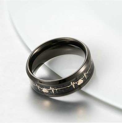 Classical Stainless Steel for Men Carbon Fiber Ring with Hearbeat Pattern 8mm Anniversary Ring