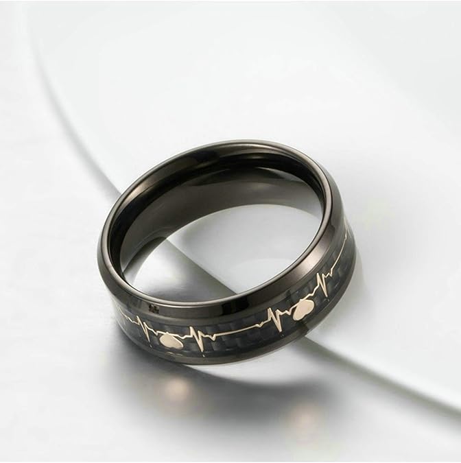 Classical Stainless Steel for Men Carbon Fiber Ring with Hearbeat Pattern 8mm Anniversary Ring