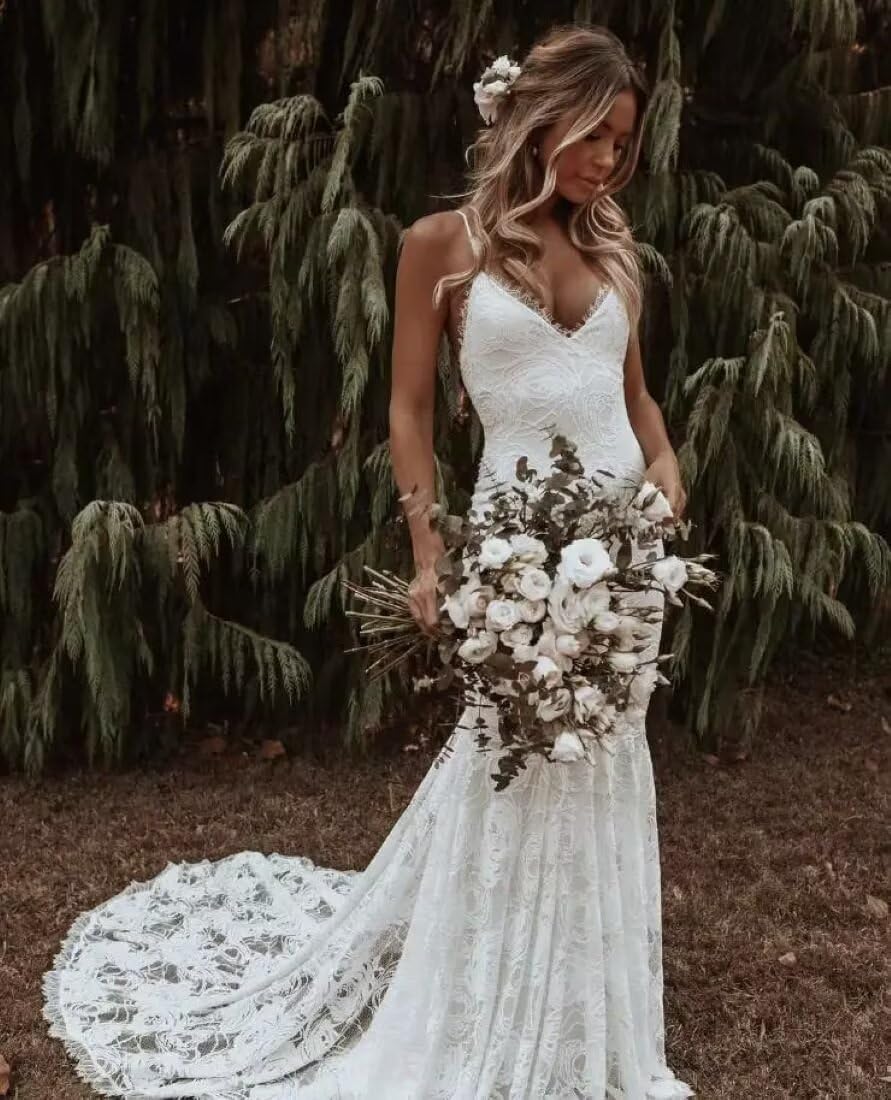Mermaid Wedding Dresses for Bride 2026 Boho Lace V-Neck Backless Beach Bridal Dress for Bride