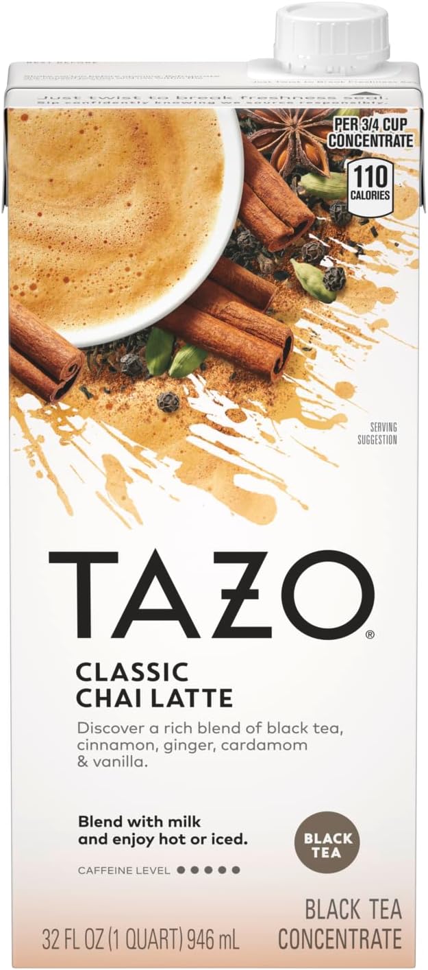 TAZO Classic Chai Latte, Black Tea Concentrate, Easy-to-Serve Caffeinated Chai Tea for Everyday Lattes, Mocktails and Hot or Iced, 32 oz Carton