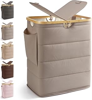 MIZATTO 2 Section Laundry Hamper with Lid, 140L Quilted Puffer Basket | Puffer Double Laundry Basket with Bamboo Handles for Laundry Room, Bathroom, Bedroom, Dirty Clothes Hamper Dual Laundry Bin