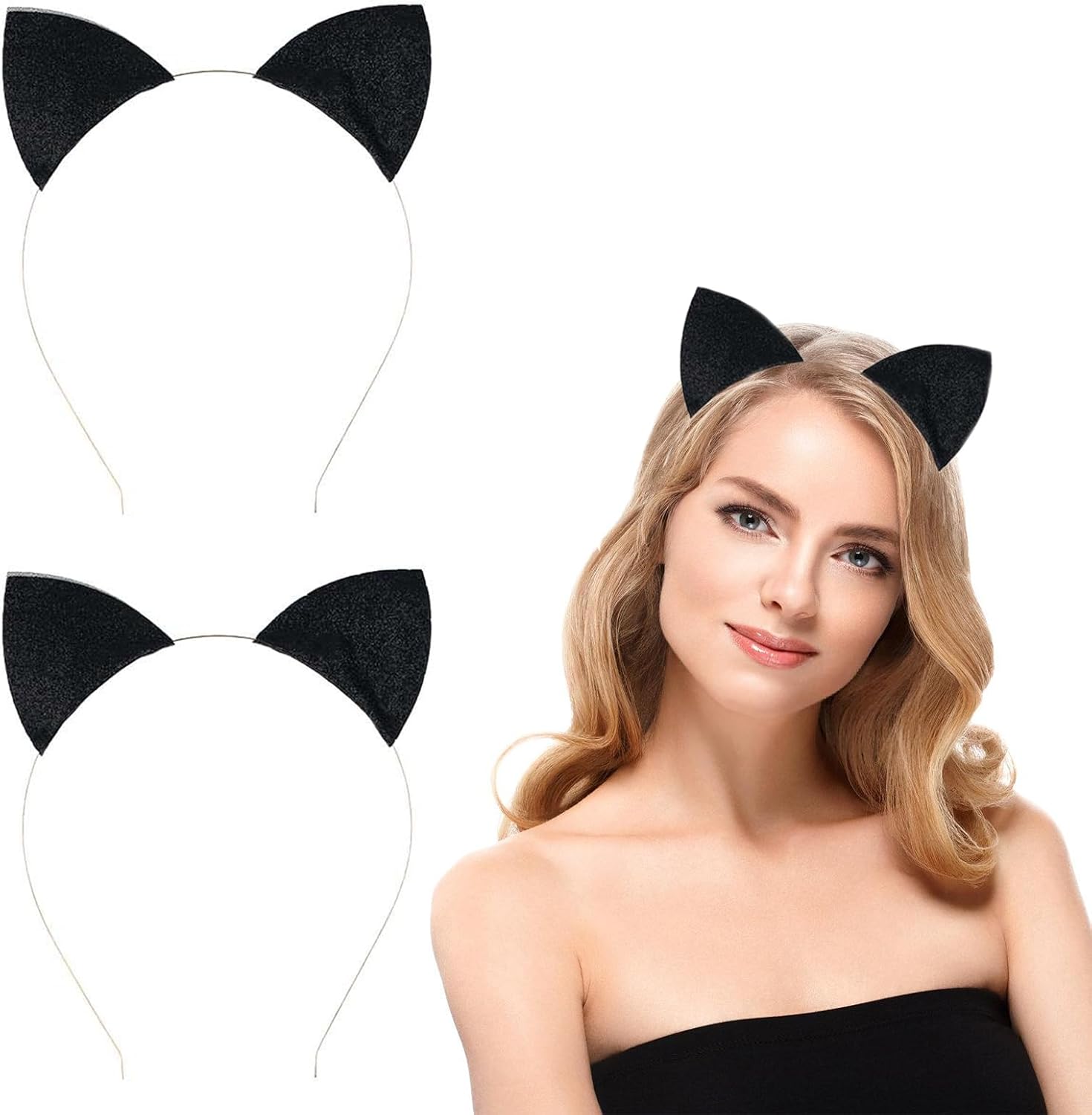 Dodheah Orecchie Gatto Cerchietti per Capelli Mollette per capelli con orecchie da volpe/gatto Gatto Accessori per Festa Costume Carnevale Halloween Natale Donna Bianca+Nera