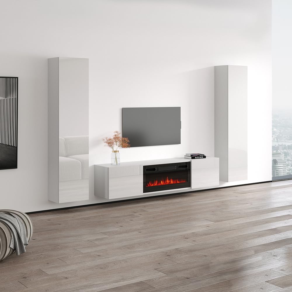 Meble Furniture Cali BL-EF 40'' Electric Fireplace TV Stand — Floating Wall-Mounted Entertainment Center — 2 Bookcases, Modern Design, 40 x 12 x 24 in — White