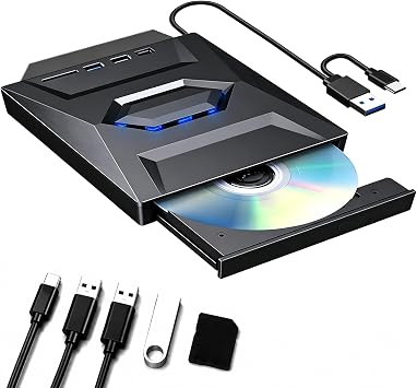 7 in 1External Blu Ray Drive USB 3.0 Type-C, Support 100G BD DVD CD External Blu ray Player, Portable Ultra-Slim Bluray Drive with TF/SD Port