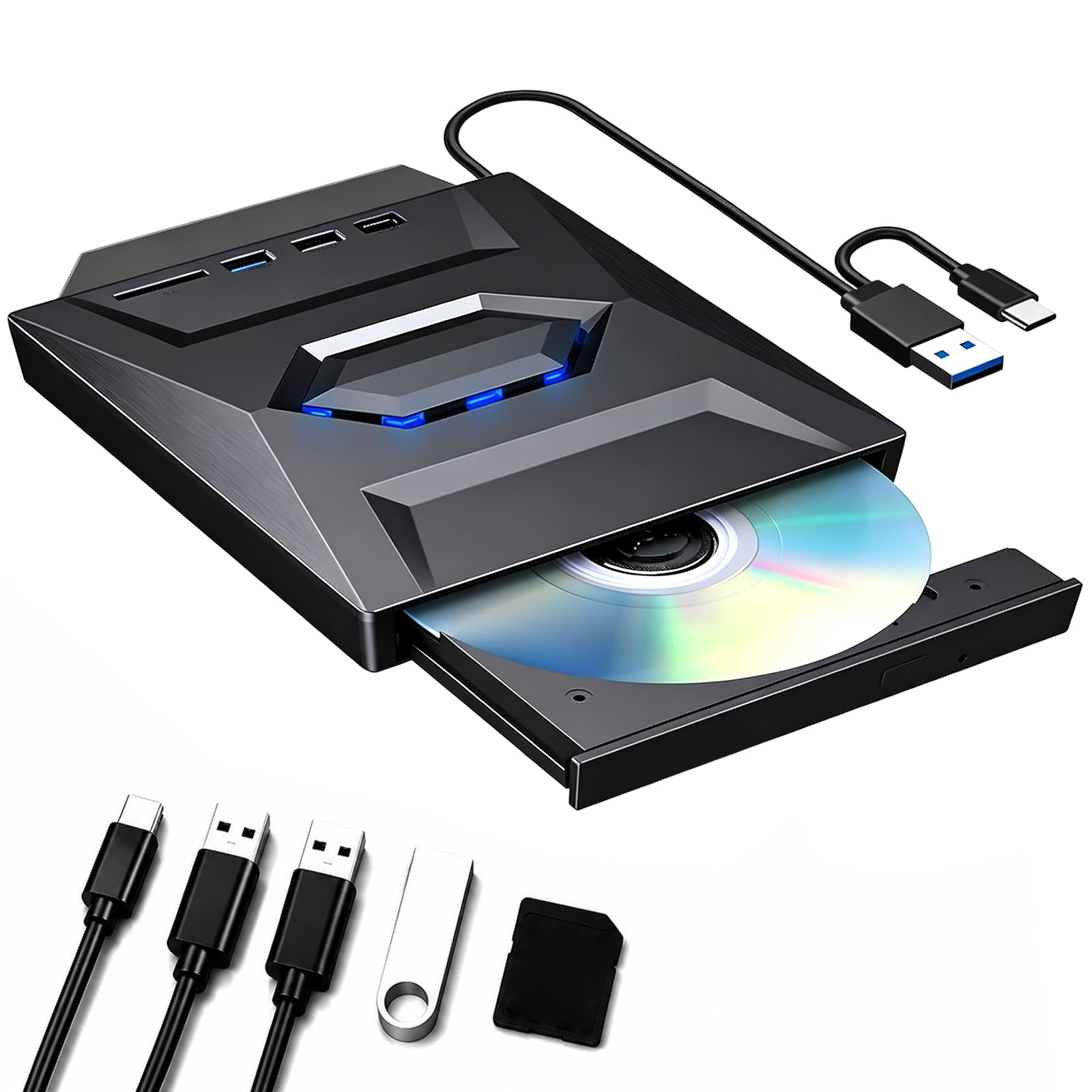 Lecteur Blu-ray externe 7 en 1 USB 3.0 Type-C, prend en charge 100 G BD DVD CD lecteur Blu-ray externe, lecteur Blu-ray portable ultra fin avec port TF/SD