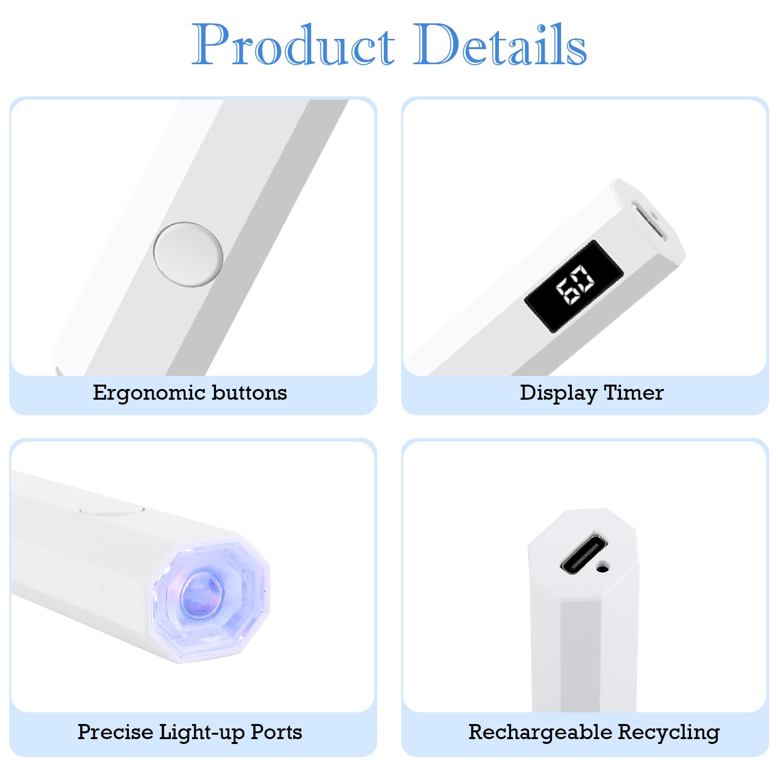 MXTIMWAN Lampada per unghie, UV portatile et ricaricabile, luce a mano per unghie in gel, con 2 timer 20/60S, per manicure, in resina di estensione del gel fai da te nail art bianco