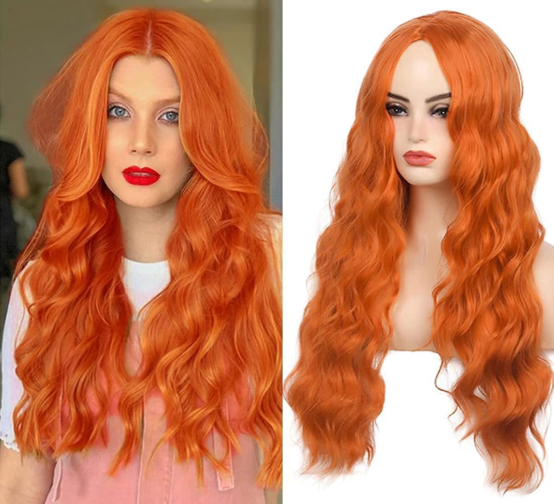 Long Curly Wavy Orange Wig Middle Part Synthetic Hair Replacement Wig for Cosplay Daily Use