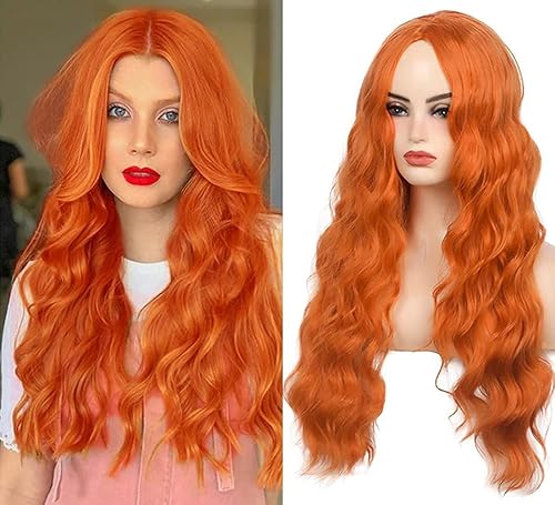 Miniatura 2 de Peluca larga y rizada de color naranja, peluca de repuesto de cabello sintético con parte media para uso diario Cosplay