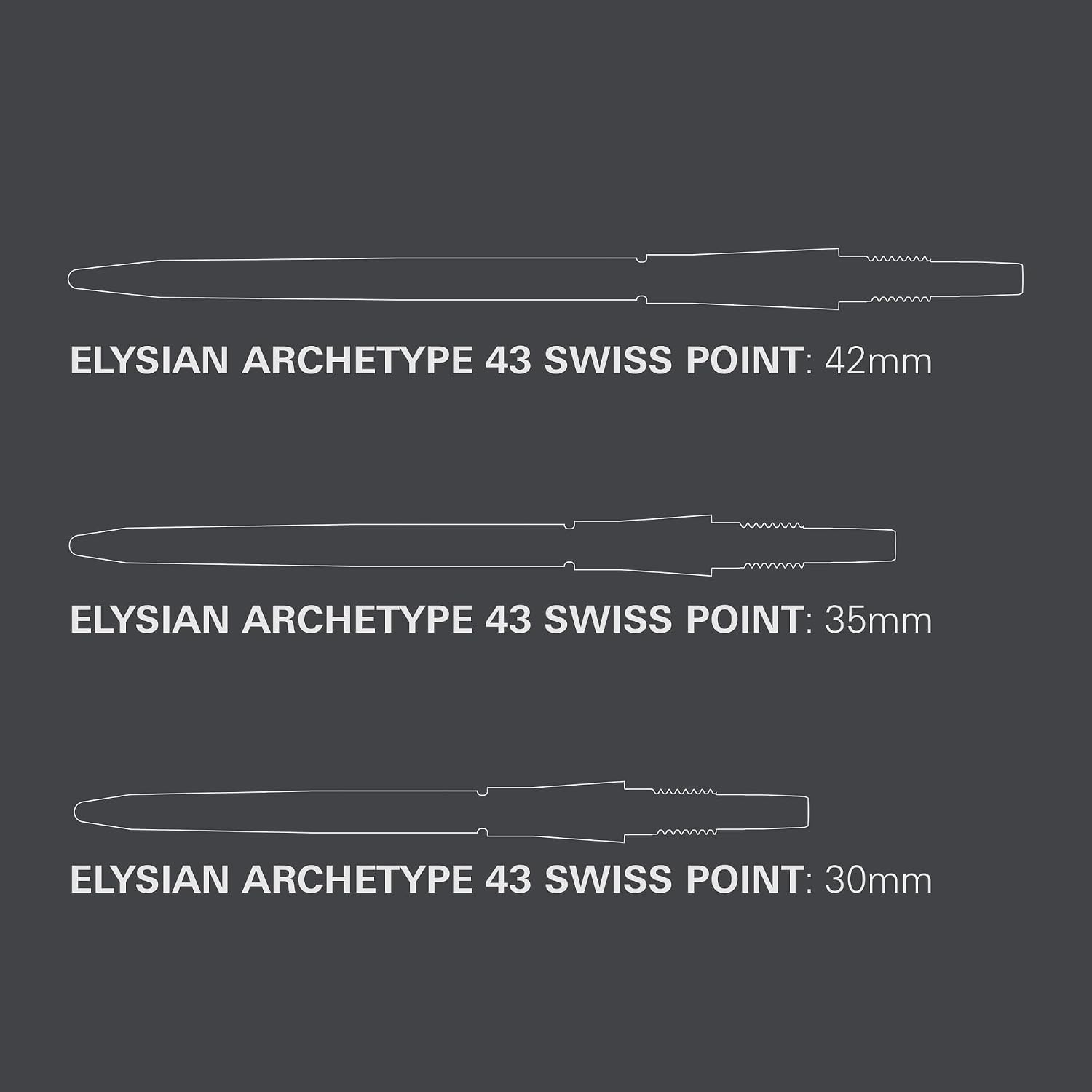 Target Darts Elysian Archetype 43 Swiss Point | 3 Pack Set of Tips | 30MM/35MM/42MM – Gold/Silver/Black | Change Dart Points, Swiss Storm Points, Professional Darts Accessories