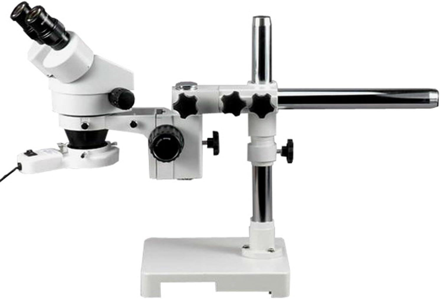 AmScopeSM-3B-FRL Professional Binocular Stereo Zoom Microscope, WH10x Eyepieces, 7X-45X Magnification, 0.7X-4.5X Zoom Objective, 8W Fluorescent Ring Light, Single-Arm Boom Stand, 110V-120V