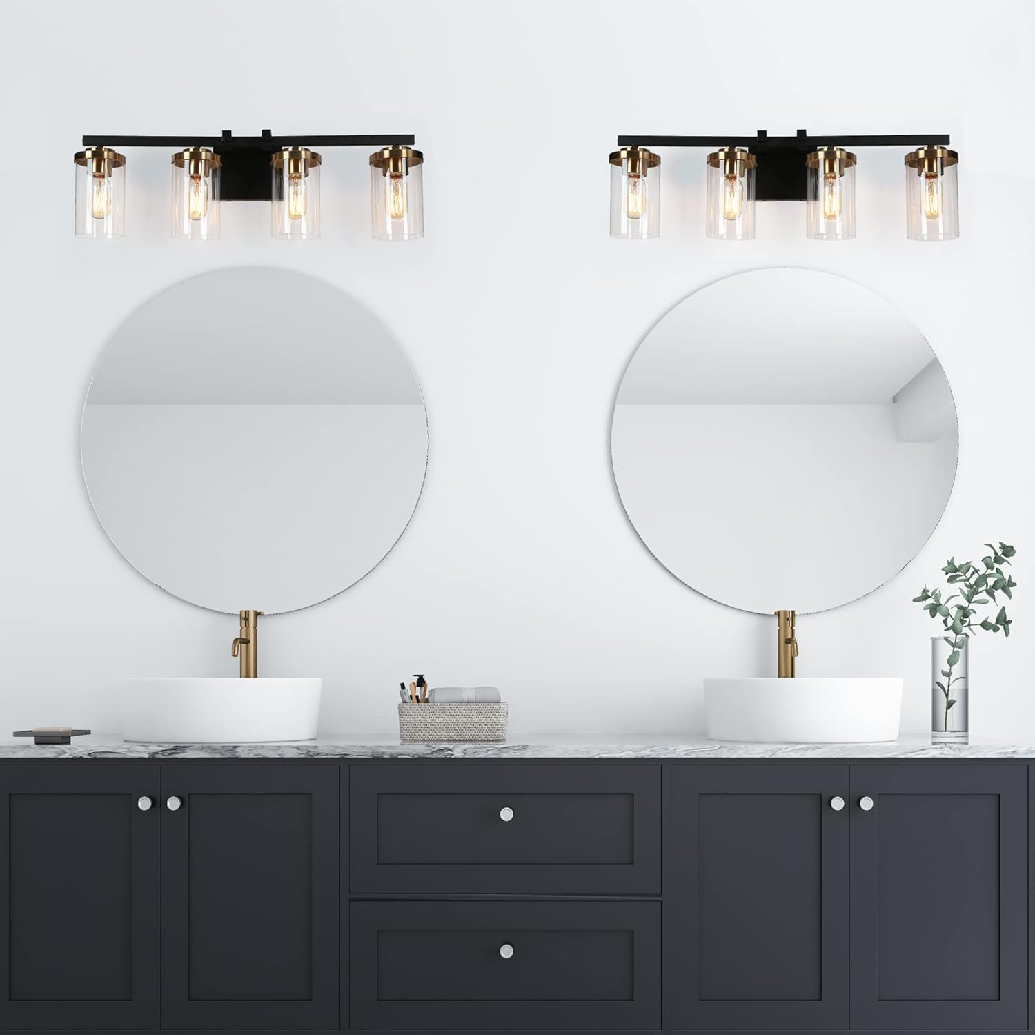Two ZEVNI Black Vanity Lights installed above dual sinks and mirrors in a spacious bathroom