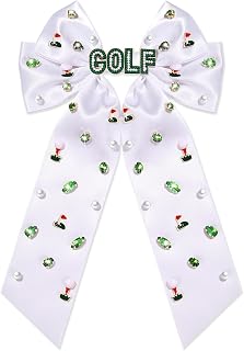 Women's Golf Hair Bows - White Satin Rhinestone Pearl Embellished Large Hair Bows - Sports Game Day Hair Accessories - 1 Count