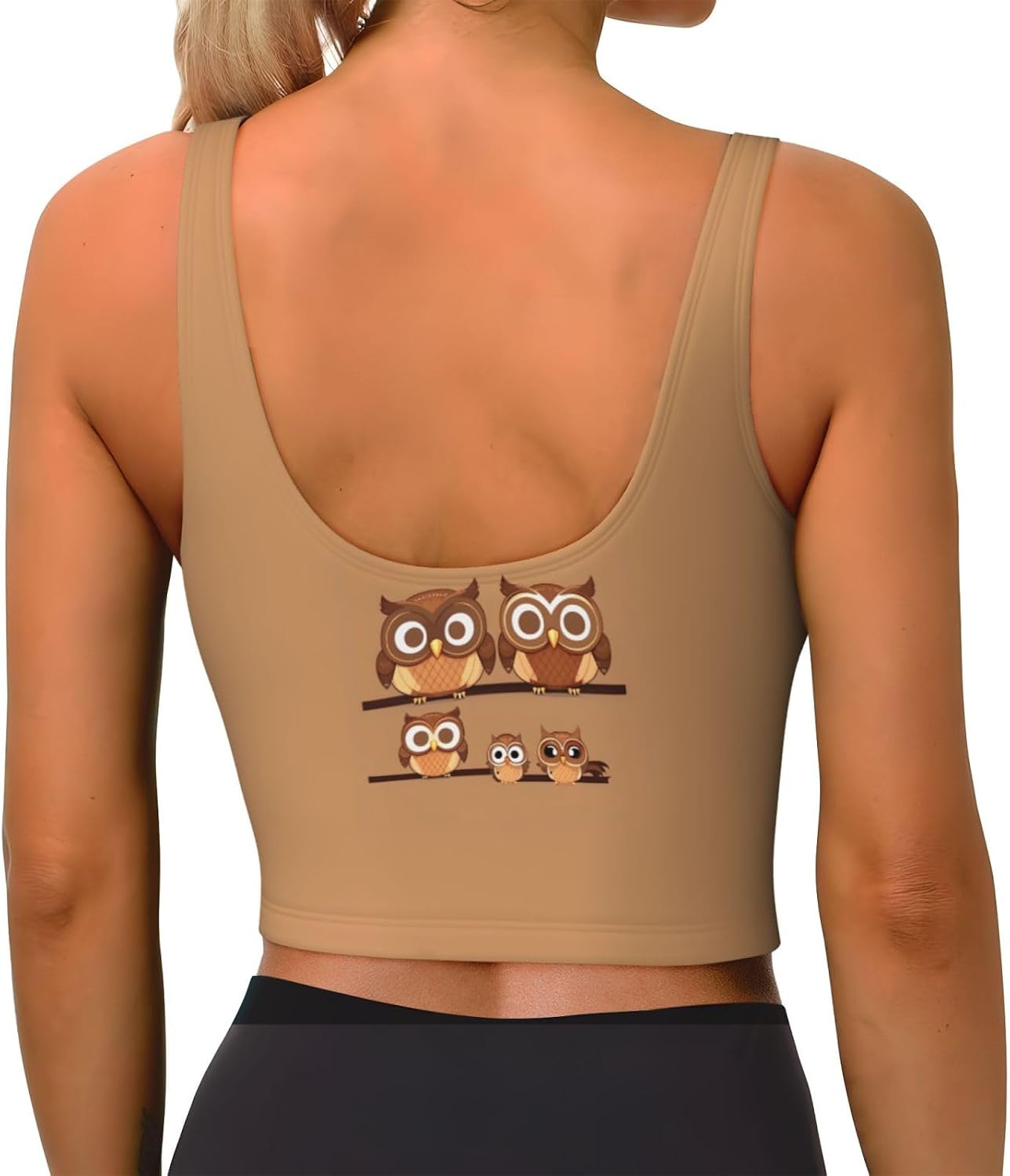 Cute Big Brown Cartoon Owls Print Women's Sports Vest Breathable for Yoga Running Gym Athletic Casual Sleeveless Top