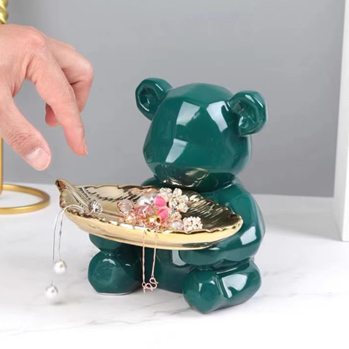 ULTECHNOVO Bandeja de Joyería Cerámica Verde Forma de Oso, Decorativa
