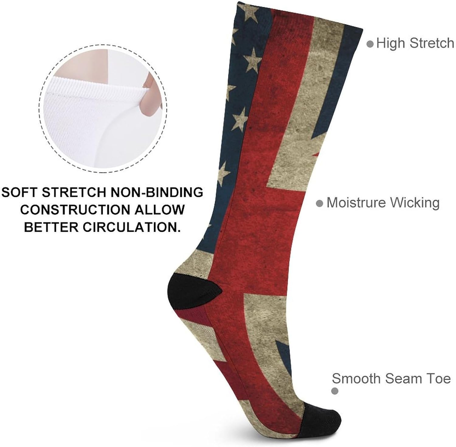 Vintage Americans-and-Union Jack Flag Knee High Socks Athletic Long Stockings Sport Casual Crew Tube Sock Boot 40cm