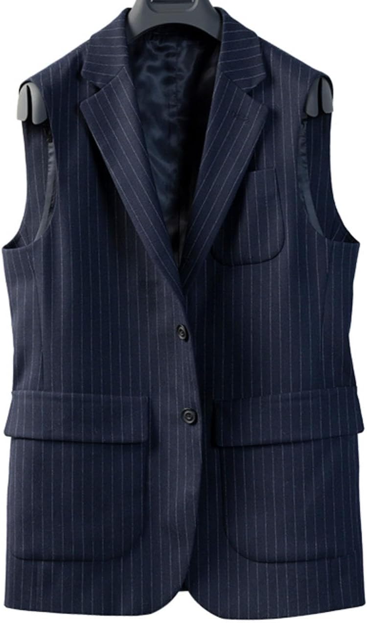 Men's PinStripe Vest with Lapel Spring Summer Sleeveless Blazer Long Big Pockets Casual Business