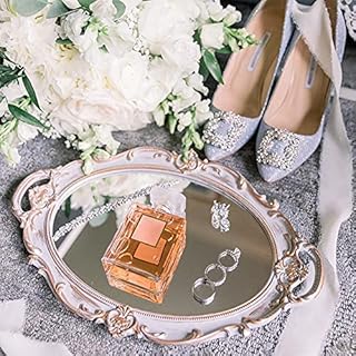 LZYMSZ Decorative Mirror Tray, Vintage Oval Display Tray for Perfume, Makeup, Jewelry, Cosmetic Tray, Serving Tray for Dressing Room, Bedroom, Living Room,Grey Gold