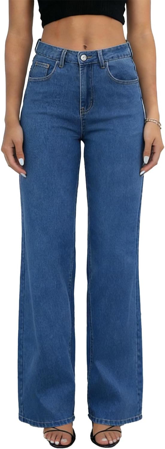 Womens Straight Leg Jeans High Waisted Stretch Wide Leg Jeans Casual Loose Baggy Denim Pants Trousers Streetwear