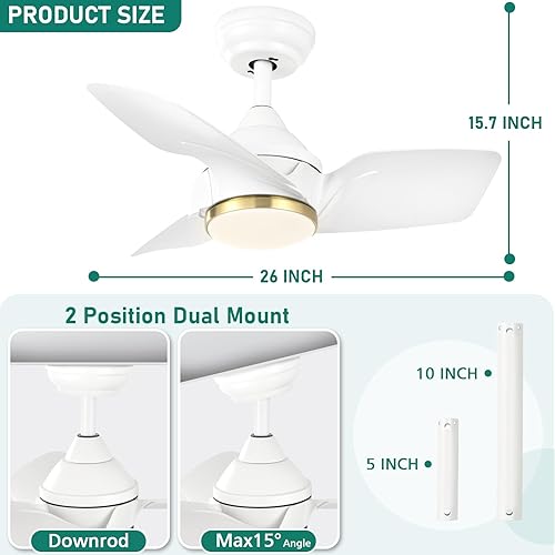Miniatura 7 de YITAHOME Ventiladores de techo blancos con luces y control remoto, ventilador de techo pequeño y moderno de 26 pulgadas con motor silencioso CC
