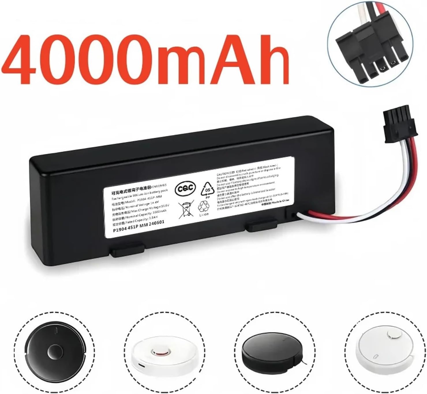 14.4V 3500mah Rechargeable Battery, Compatible For Xiaomi, Compatible For Mijia, Robot Vacuum Mop 3C 2S P XMSTJQR2S STYTJ02YM Sweeping Mopping Vacuum Cleaner(4000mAh)