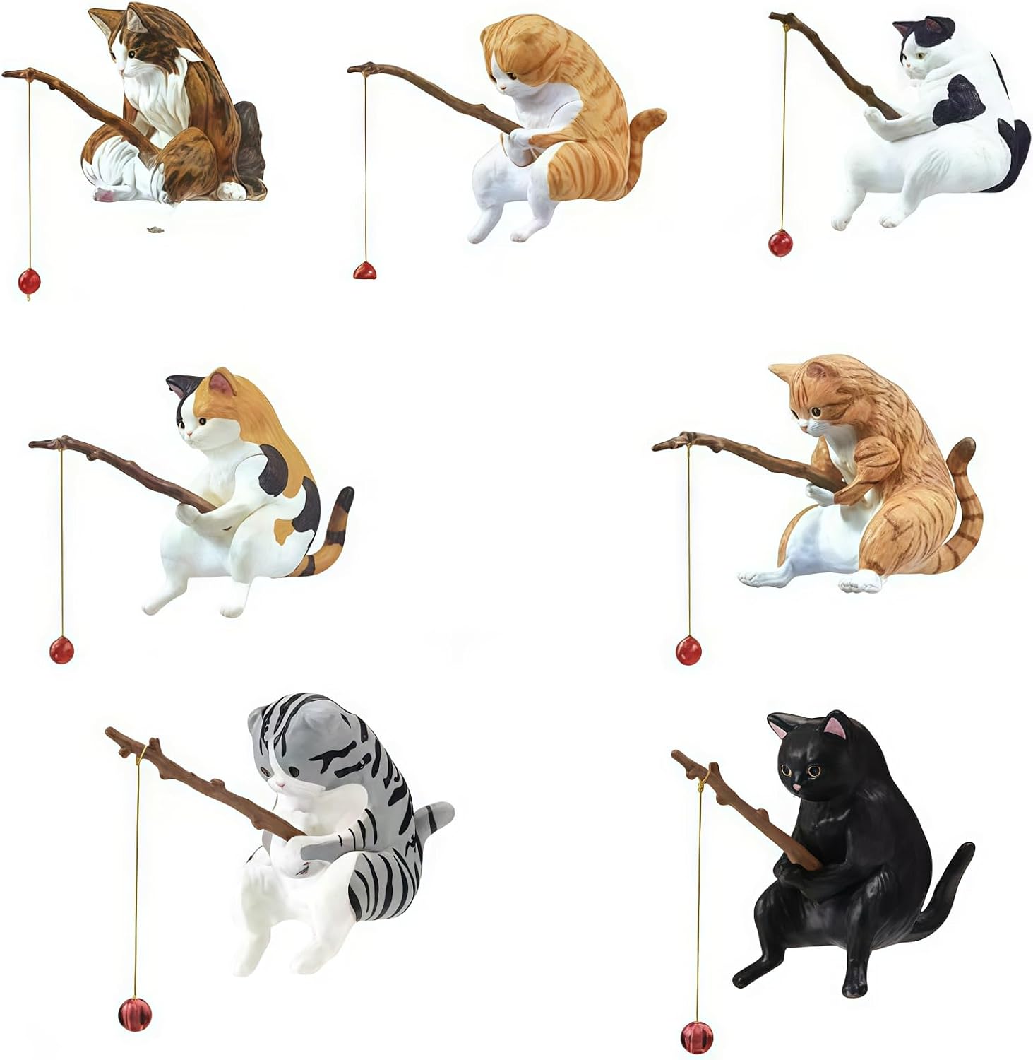 7 Pcs Cat Fishing Figurine, Cute Cat Statue Decor, Resin Mini Fish Tank Decorations Craft Sculpture for Aquarium Tanks Desk Yard Pond Indoor Outdoor