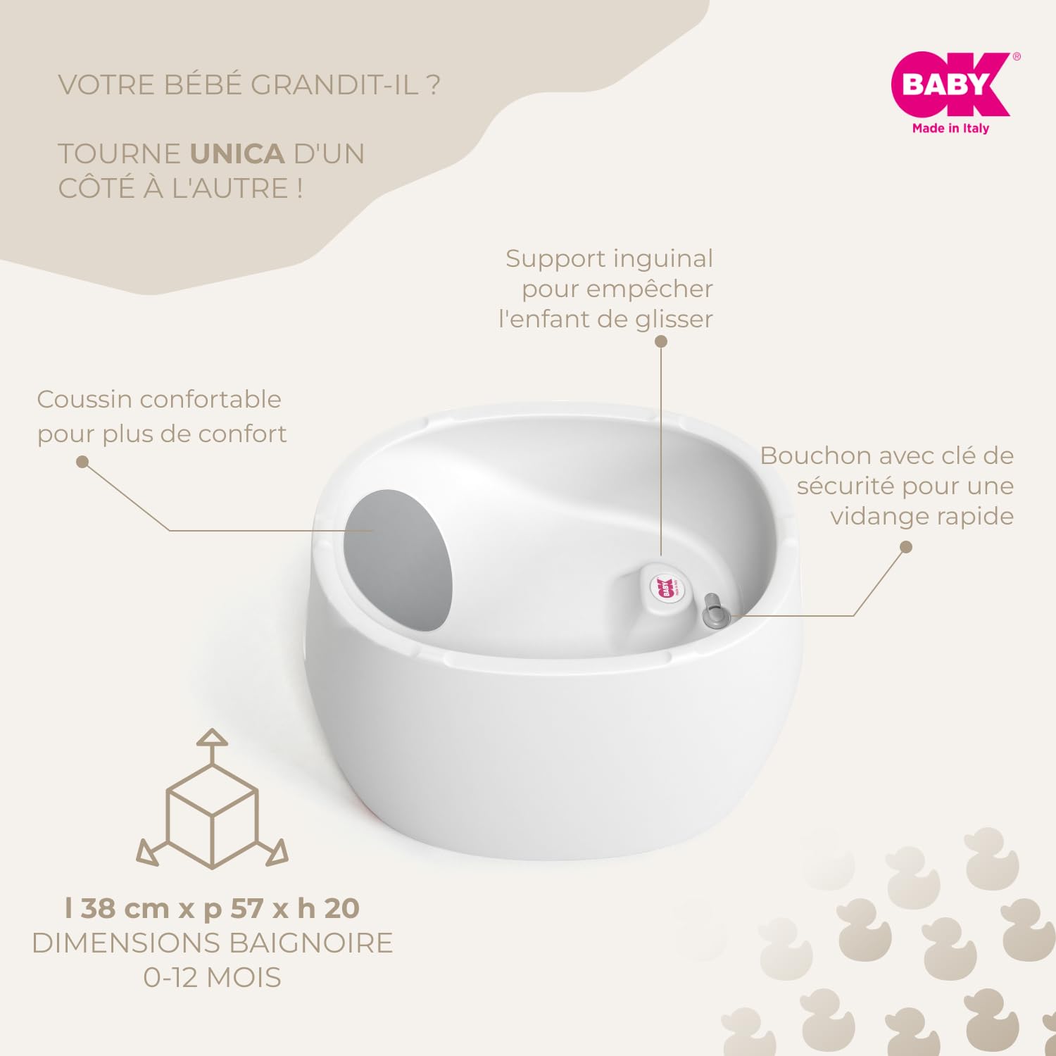 OKBABY Unica - Baignoire 0-4 ans à double usage, thermomètre intégré et support ergonomique - Baignoire et mini-piscine pour enfants - Blanc