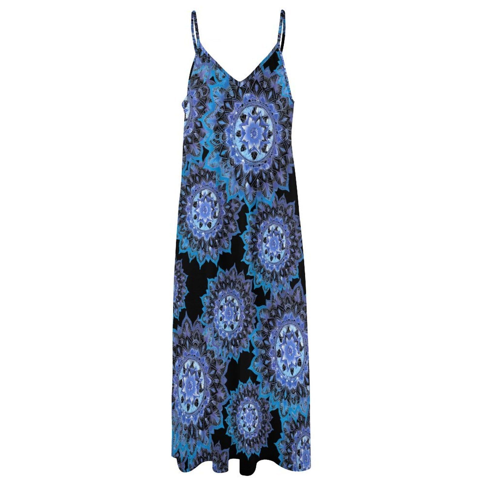 Vestido casual con estampado de flores degradadas azules para mujer, vestido largo con espagueti, longitud hasta el tobillo, vestido de verano fluido