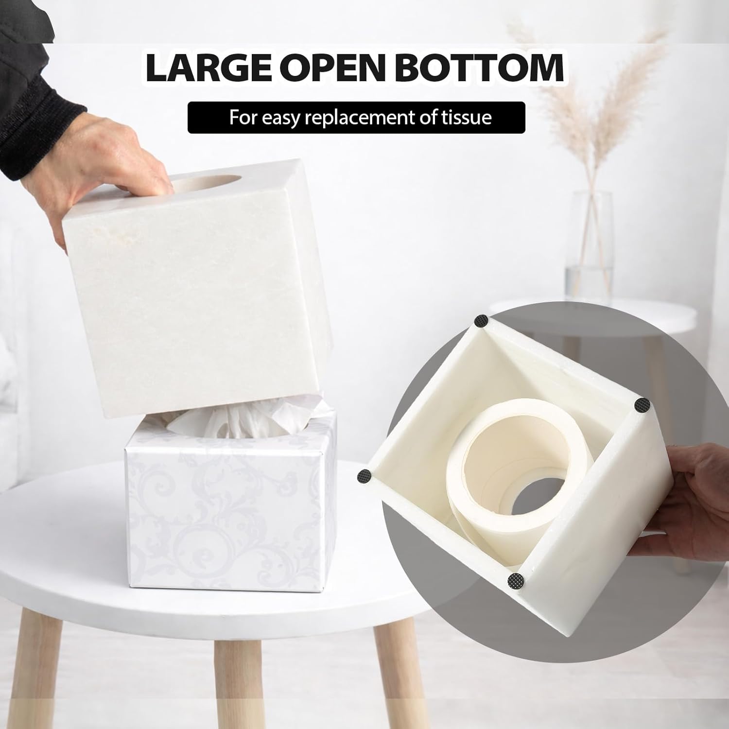 Koville Marble Tissue Box Cover, Heavy Square Tissue Cube Cover Tissue Organizer with Open Bottom for Countertop, Decorative Stone Facial Tissues Boxes Holder for Bathroom Bedroom Kitchen (White)
