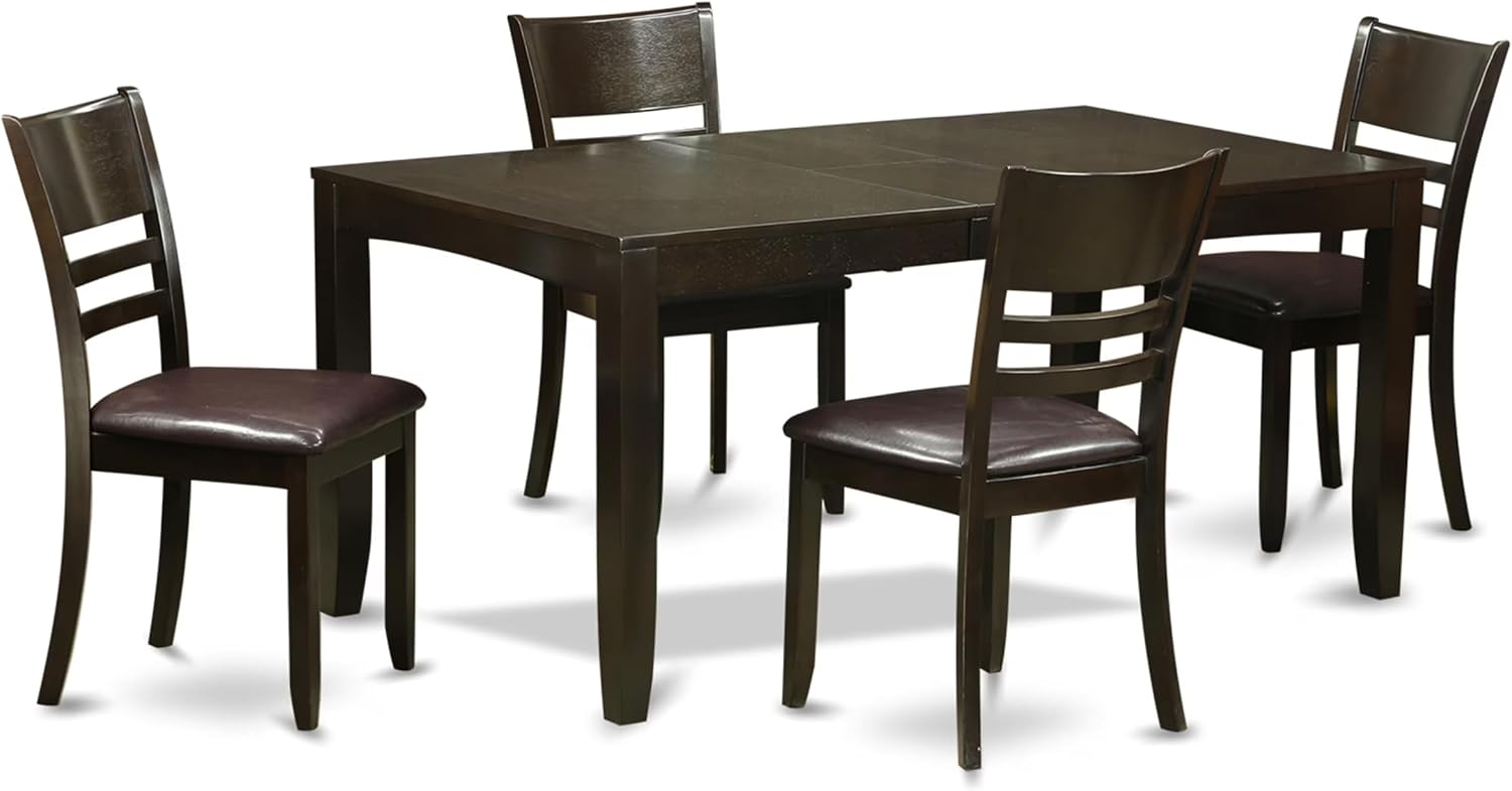East West Furniture LYFD5-CAP-LC 5 Piece Kitchen Table Set for 4 Includes a Rectangle Dining Room Table with Butterfly Leaf and 4 Faux Leather Upholstered Chairs, 36x66 Inch, Cappuccino
