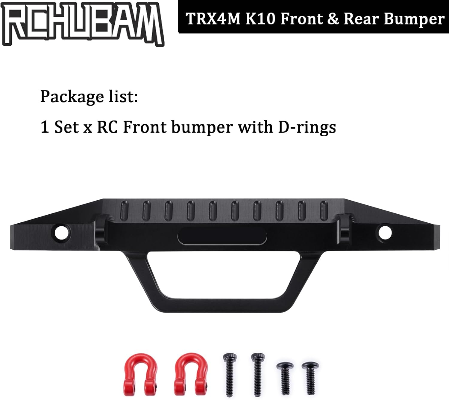 RCHUBAM TRX4M K10 Front & Rear RC Bumper 1Set Aluminum RC Car Bumper with Red Metal Trailer Hitch Hooks Compatible for 1/18 TRX4M K10 RC Crawler Car (Front Bumper)
