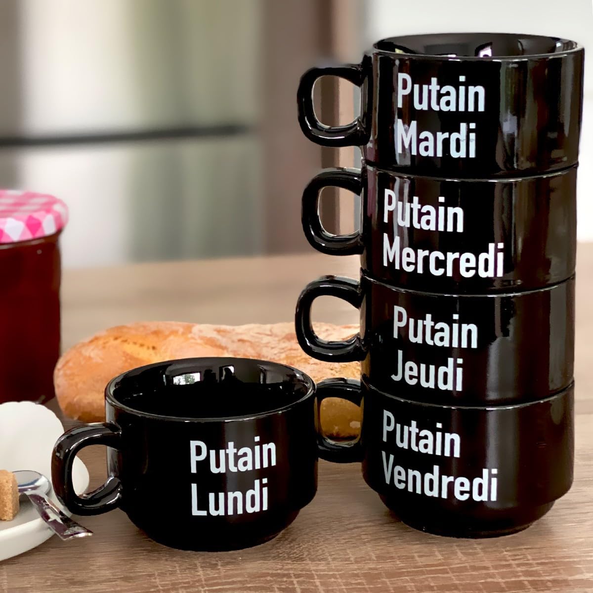 fisura. - Lot tasses à café originales p*tain de semaine. Tasses à café noires avec message pour chaque jour de la semaine. Lot de 5 mugs amusants en céramique.
