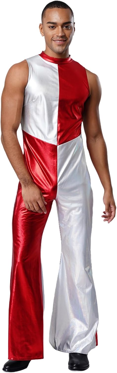 ACSUSS Mens Metallic Shiny Jumpsuit Flared Pants Bodysuit Bell Bottom Rompers 70s Disco Clubwear