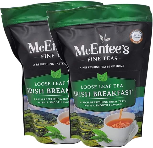 McEntee's Irish Breakfast Tea (Pack of 2). A 250g Bags. AWARD WINNING, BLENDED IN IRELAND. STRONG & CITRUSY. A Blend of Ceylon and Assam Teas. IRELANDS FAVOURITE LOOSE TEA