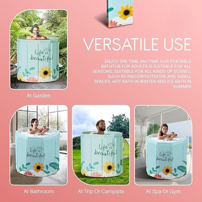 Image of Portable Foldable Bathtub for Adults & Kids | Large Size Soaking Tub | Thick Insulated Folding Bath Tub for Bathroom, Home Spa, Ice Bath & Relaxation free Standing bathtub (Beautiful Flower)