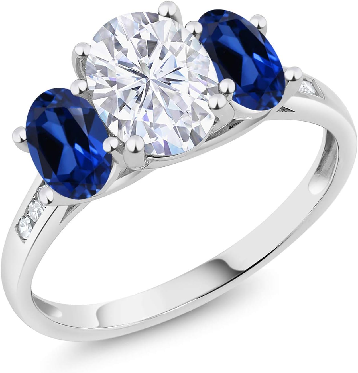 Gem Stone King 10K White Gold White Moissanite Blue Created Sapphire and White Diamond Oval 3-Stone Engagement Ring For Women (2.70 Cttw, Gemstone)